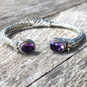 925 Sterling Silver 18k Gold Amethyst Bali-style Dragonfly Cuff Bracelet 24 gram